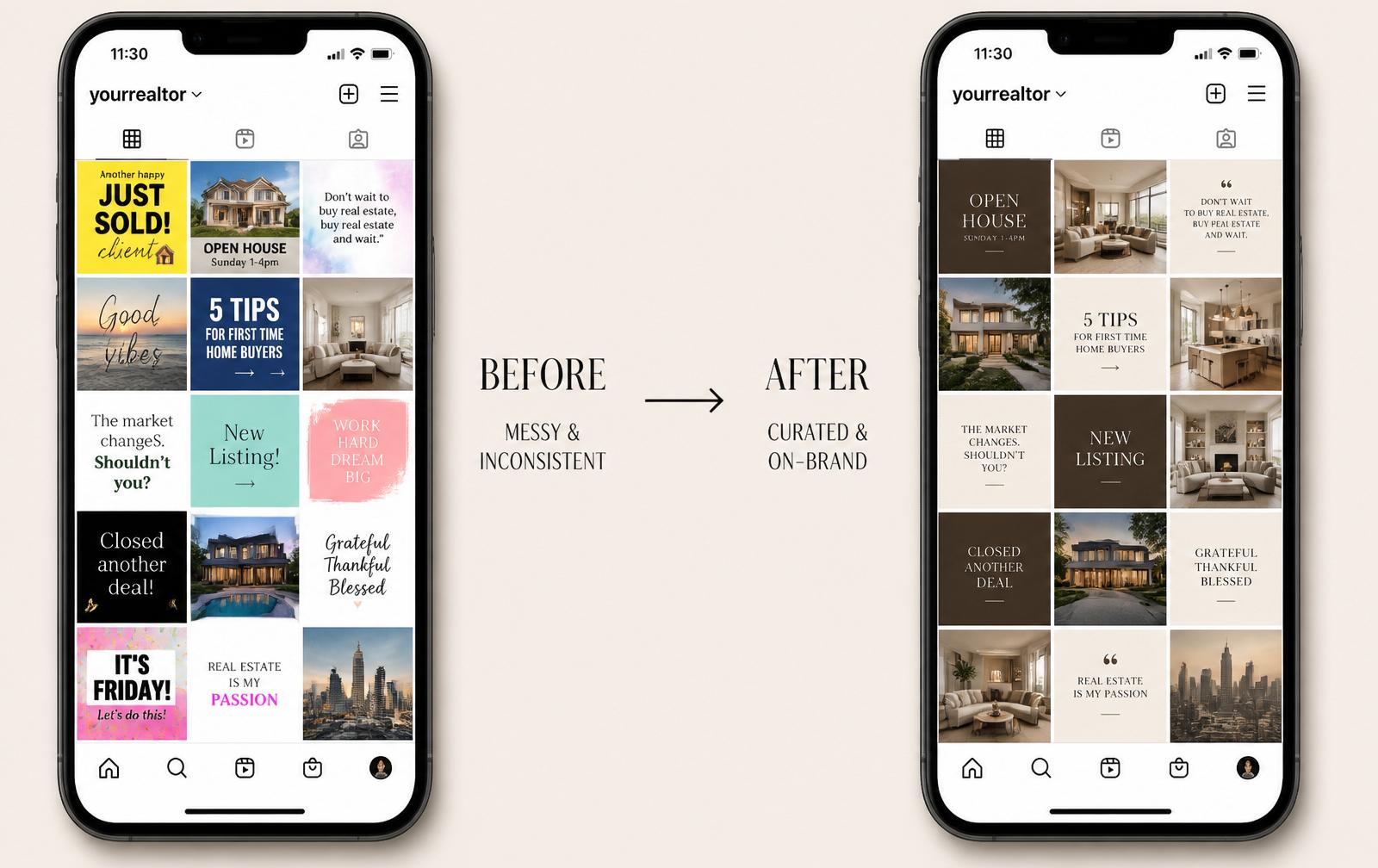 Before and after of a Realtor Instagram feed